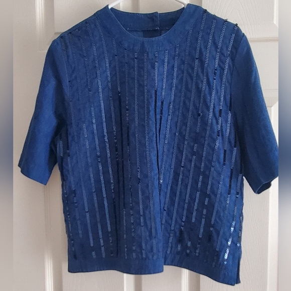 Howard Wolf Blue Denim 100% Cotton Short Sleeve Top with Sequin Stripes. Size 10 - Picture 1 of 9